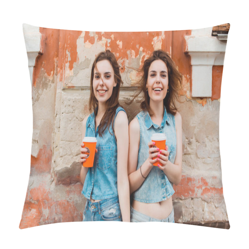 Personality  brunette girlfriends drinking coffee pillow covers