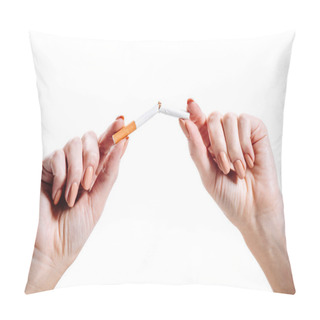 Personality  Cropped Image Of Girl Breaking Unhealthy Cigarette Isolated On White Pillow Covers