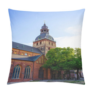 Personality  Urban Scene With City Street, Building And Blue Cloudy Sky In Riga, Latvia Pillow Covers