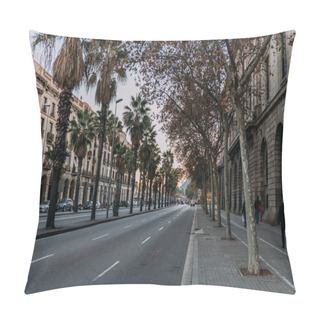 Personality  BARCELONA, SPAIN - DECEMBER 28, 2018: City Street With Roadway With Buildings And Palm Trees Pillow Covers
