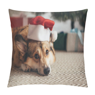 Personality  Cute Welsh Corgi Dog In Santa Hat Lying Under Christmas Tree  Pillow Covers