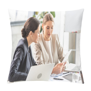 Personality  Two Smiling Businesswomen In Formal Wear At Table In Office Pillow Covers