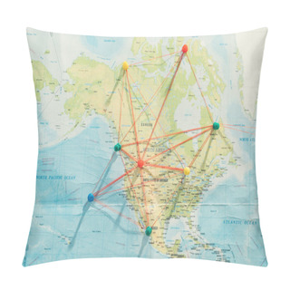Personality  Top View Of Push Pins And Strings On World Map Pillow Covers
