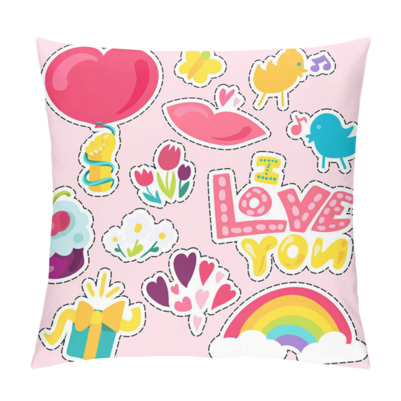 Personality  Vector Romantic Love Patch in doodle cartoon style. Girl fashion patchworks design. Nice cartoon sticker. Fun badge. pillow covers