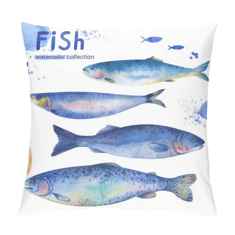 Personality  A set of illustrations of marine life. Trout, mackerel, herring on a white background. Watercolor themed drawings, sticker template pillow covers