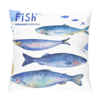 Personality  A Set Of Illustrations Of Marine Life. Trout, Mackerel, Herring On A White Background. Watercolor Themed Drawings, Sticker Template Pillow Covers
