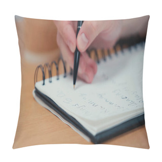 Personality  Cropped View Of Person Holding Pen And Writing In Blurred Copy Book  Pillow Covers