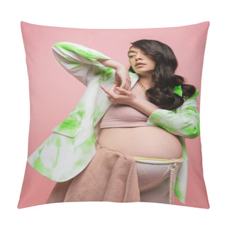 Personality  Fashionable Future Mother With Wavy Brunette Hair Posing In Green And White Blazer, Crop Top And Beads Belt With Chiffon Cloth Isolated On Pink Background, Pregnancy Style Concept Pillow Covers