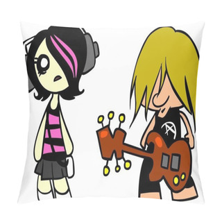 Personality  Cartoon Illustration Of Emo Girl With A Player And A Guy With A Guitar. Pillow Covers
