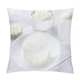 Personality  Fresh Cottage Cheese, Wooden Spoon And Milk In Jug On Wooden Table Pillow Covers