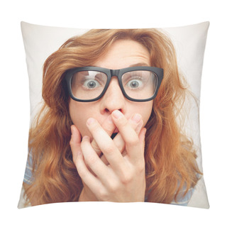 Personality  Beautiful Young Woman With Black Glasses Surprised. Pillow Covers