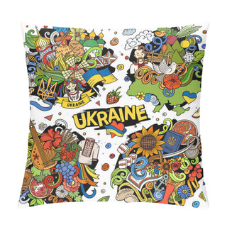 Personality  Ukraine Cartoon Raster Doodle Designs Set. Colorful Detailed Compositions With Lot Of Ukrainian Objects And Symbols.  Pillow Covers
