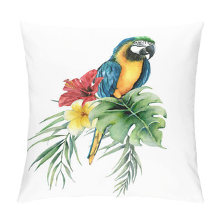 Personality  Watercolor Tropical Card With Parrot And Flowers Bouquet. Hand Drawn Plumeria And Hibiscus. Floral Label Isolated On White Background. Botanical Illustration. Greeting Template For Design. Pillow Covers