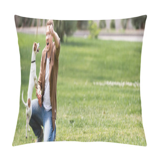 Personality  Horizontal Image Of Excited Man Playing With Jack Russell Terrier In Park  Pillow Covers