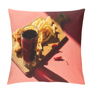 Personality  Selective Focus Of Spicy Deep Fried Chicken And French Fries Served On Wooden Cutting Board With Soda In Sunlight Pillow Covers