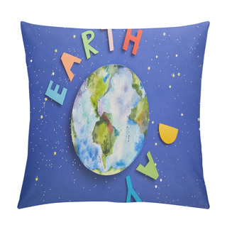 Personality  Top View Of Colorful Paper Letters And Planet Picture On Violet Background With Stars, Earth Day Concept Pillow Covers