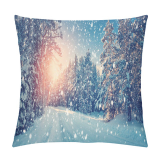 Personality  Winter Panorama On The Road Through Coniferous Forest Pillow Covers
