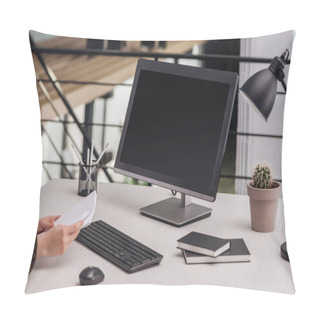 Personality  Cropped View Of Woman Holding Papers At Workplace In Modern Office Pillow Covers