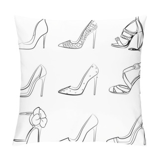 Personality  High Heel Fashion Woman Shoe  Vector Set Isolated On White Background. Doodle Objects Fashion Illustration Pillow Covers