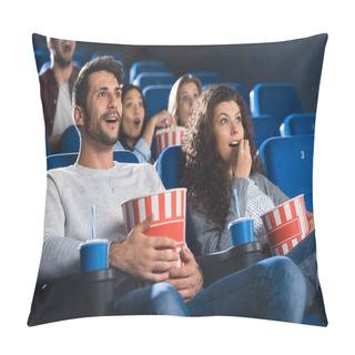 Personality  Emotional Couple With Popcorn Watching Movie Together In Cinema  Pillow Covers