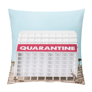 Personality  Cardboard Hospital Model With Quarantine Lettering Isolated On Blue Pillow Covers