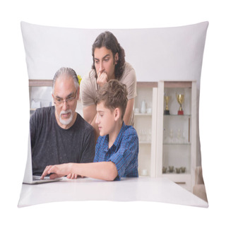 Personality  Grandfather Learning New Technology From Son And Grandson Pillow Covers