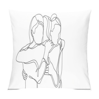 Personality  Three Female Friends Greeting Hugging Each Other - One Line Drawing Pillow Covers