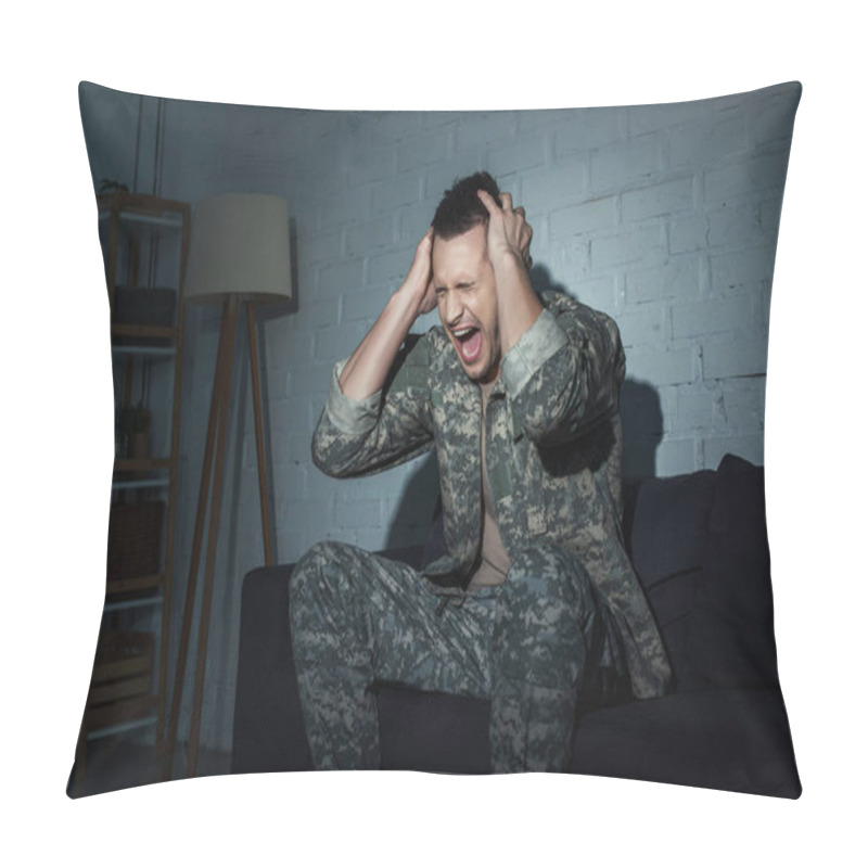 Personality  Irritated Military Veteran Screaming While Suffering From Emotional Distress At Home At Night  Pillow Covers