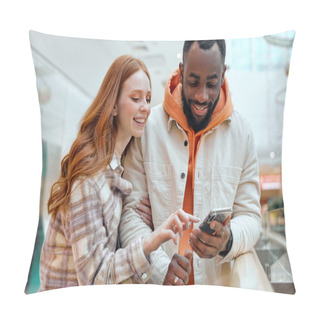 Personality  Young Happy Girl Pointing To The Screen Showing Her Bearded Boyfriend Sales Couple Choosing Goods, Lifestyle.hobby Interests Red-haired Girl Showing Something On Smart Phone To Handsome Boyfriend Pillow Covers