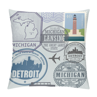 Personality  Stamp Set With The Name And Map Of Michigan, United States Pillow Covers