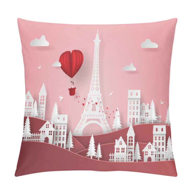 Personality  Origami Paper art of Cute couple on red heart shaped balloon floating over the village and Eiffel Tower, Love and Happy Valentine's Day pillow covers