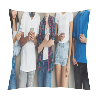 Personality  Group Of Friends Watching Smart Phones, Panorama Pillow Covers