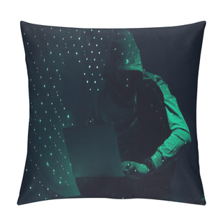 Personality  Toned Picture Of Silhouette Of Hacker In Hoodie Using Laptop Pillow Covers