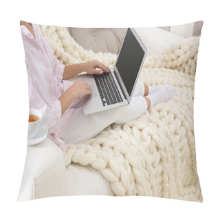 Personality  Woman Using Laptop On Couch With Soft Knitted Blanket At Home, Closeup Pillow Covers