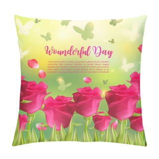 Personality  Floral Summer Background. Greeting Invitation With Roses Beautiful Blurred Lights With Butterflies. Spring Vector Illustration Pillow Covers