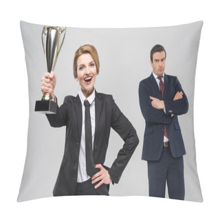 Personality  Excited Businesswoman With Award And Upset Businessman Behind, Isolated On Grey Pillow Covers
