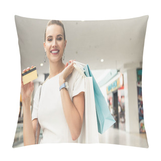 Personality  Beautiful Young Woman Holding Paper Bags And Credit Card, Smiling At Camera In Shopping Mall Pillow Covers