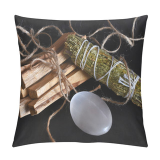 Personality  A Close Up Image Of Smudge Stick Bundles And Selenite Palm Stone On A Black Background.  Pillow Covers