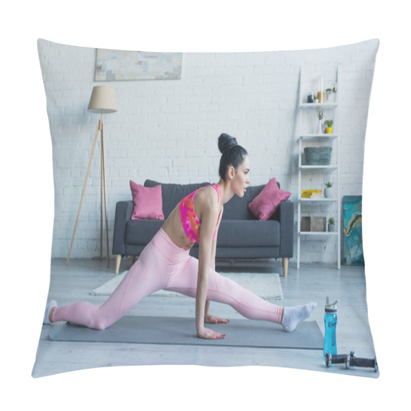 Personality  Side View Of Sportswoman Training In Front Splits Pose At Home Pillow Covers
