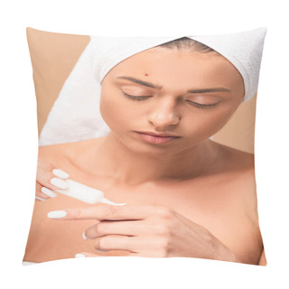 Personality  Attractive And Naked Woman Applying Treatment Cream On Hand Isolated On Beige  Pillow Covers