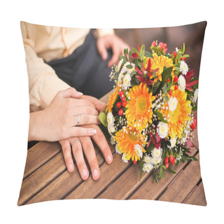 Personality  Orange Gerberas Bouquet On A Wooden Table Pillow Covers