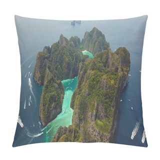 Personality  Aerial Drone View Of Tropical Turquoise Water Maya Bay And Limestone Cliffs, Phi Phi Islands, Thailand Pillow Covers