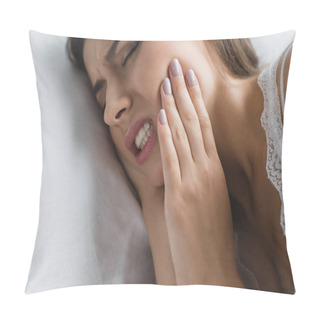 Personality  Close-up View Of Young Woman Suffering From Toothache While Lying In Bed Pillow Covers