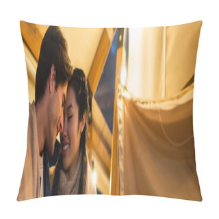 Personality  Smiling Interracial Couple With Closed Eyes On Terrace Of Glamping House, Banner  Pillow Covers