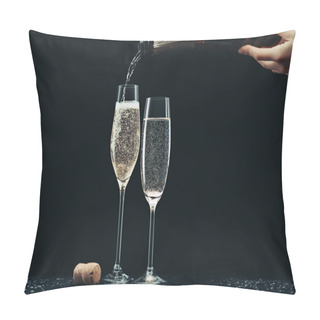 Personality  Cropped Image Of Woman Pouring Champagne From Bottle Into Glasses On Black Pillow Covers