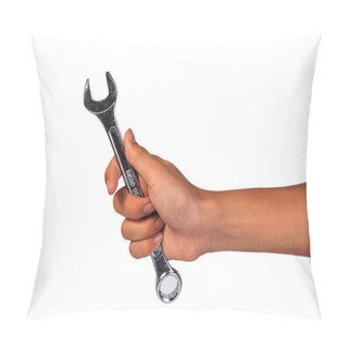 Personality  Boy Hand Holding A Wrench Isolated On A White. Holding Wrench Or Spanner. Pillow Covers