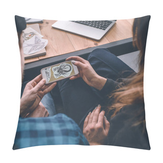 Personality  Young Couple Holding Phone With Tattoo Sketch Pillow Covers