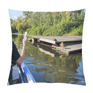 Personality  A Young Woman Floats Down A River In A Boat And Takes Pictures Of Wild Ducks On A Dock On Her Mobile Phone. Active Recreation And Nature Pillow Covers