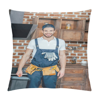 Personality  Professional Home Master With Toolbox And Tool Belt Smiling At Camera  Pillow Covers