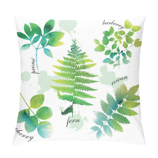Personality  Set Of Beautiful Watercolor Green Leaves On White Background. Pillow Covers